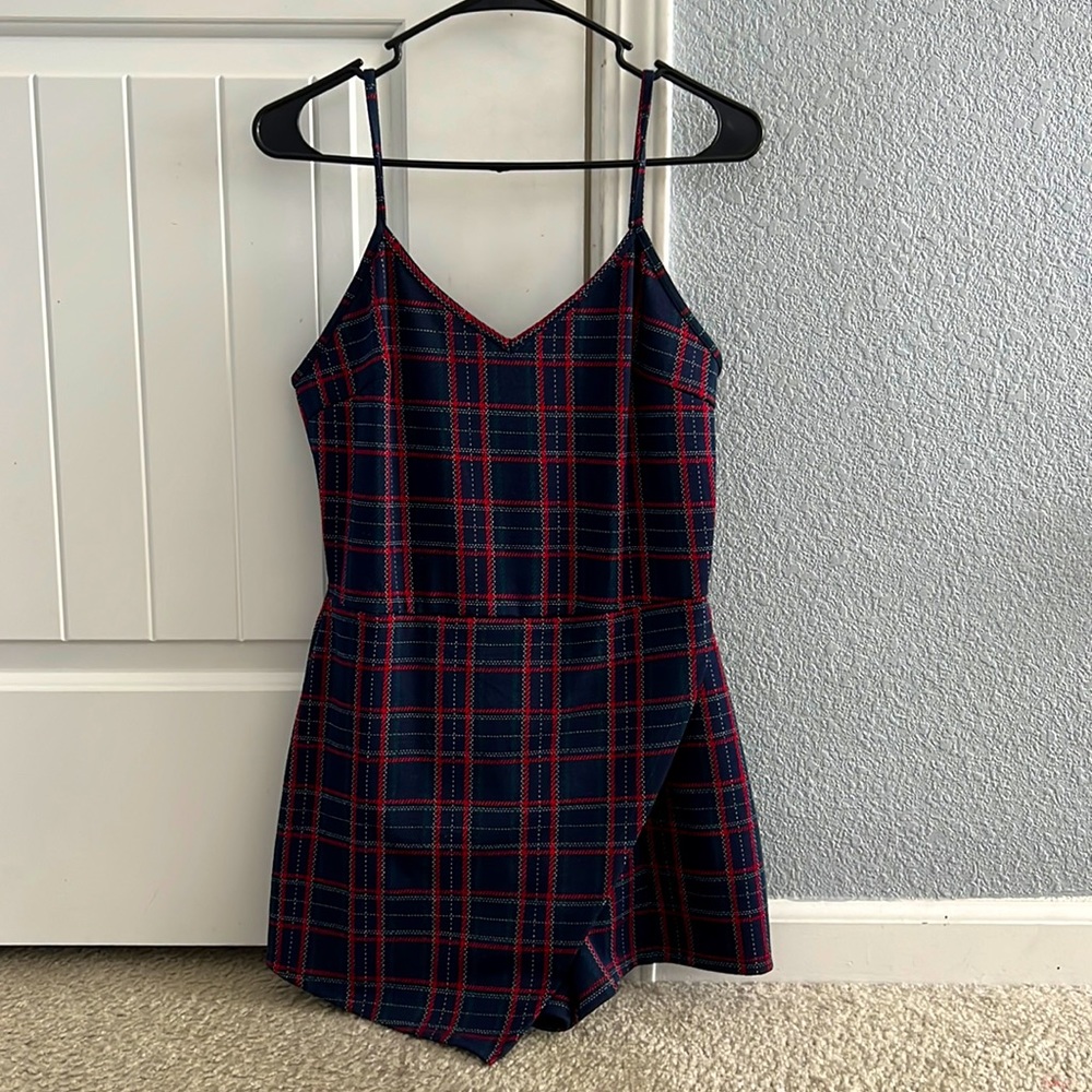Plaid navy blue/red skort romper